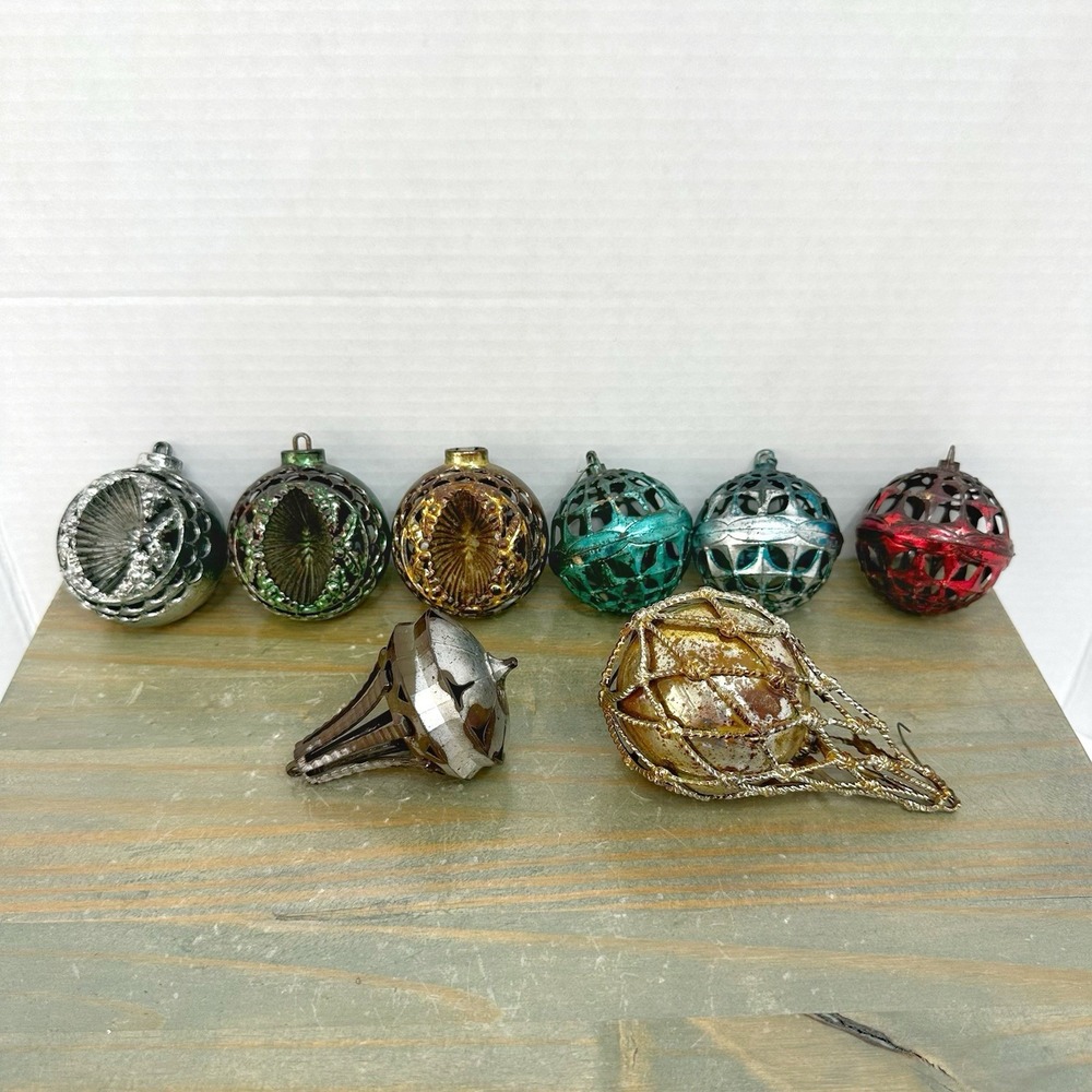 Lot of 8 Bradford MCM Vintage Plastic Christmas Tree Ornaments Filigree Atomic